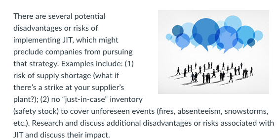 There are several potential disadvantages or risks of implementing JIT, which might preclude companies from pursuing that strategy. Examples include: (1) risk of supply shortage (what if theres a strike at your suppliers plant?); (2) no just-in-case inventory (safety stock) to cover unforeseen events (fires, absenteeism, snowstorms, etc.). Research and discuss additional disadvantages or risks associated with JIT and discuss their impact.