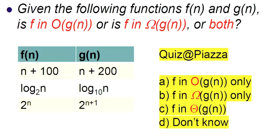 e Given the following functions f(n) and g(n), is fin 0(g(n)) or is f in Ω(g(n)), or both? g(n) f(n) n + 100 n200 log2n 2n Quiz@Piazza a) f in O(g(n)) only b) f in 0g(n)) only c) fin Θ(g(n)) d) Dont know log 10η 2 n+1