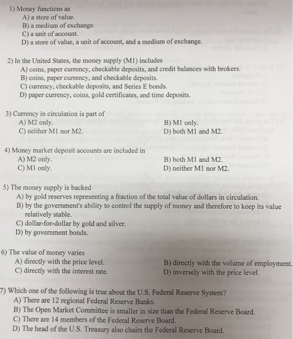 Solved 1 Money Functions As A A Store Of Value B A Me