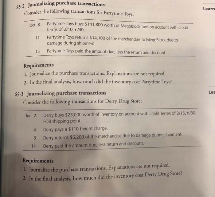 Solved 2 Tournalizing Purchase Transactions S5 Ider The Chegg Com