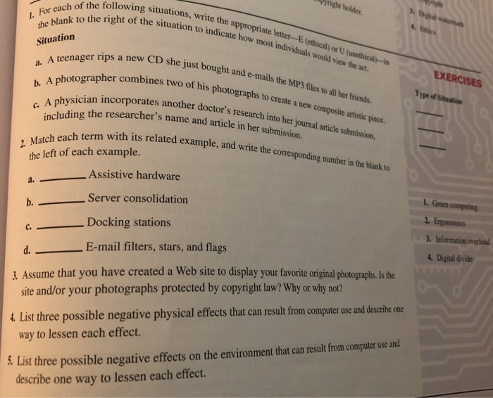 llowing situations, write the appropriate letter ench of the following situations, write th 1o blank to the right of the situ