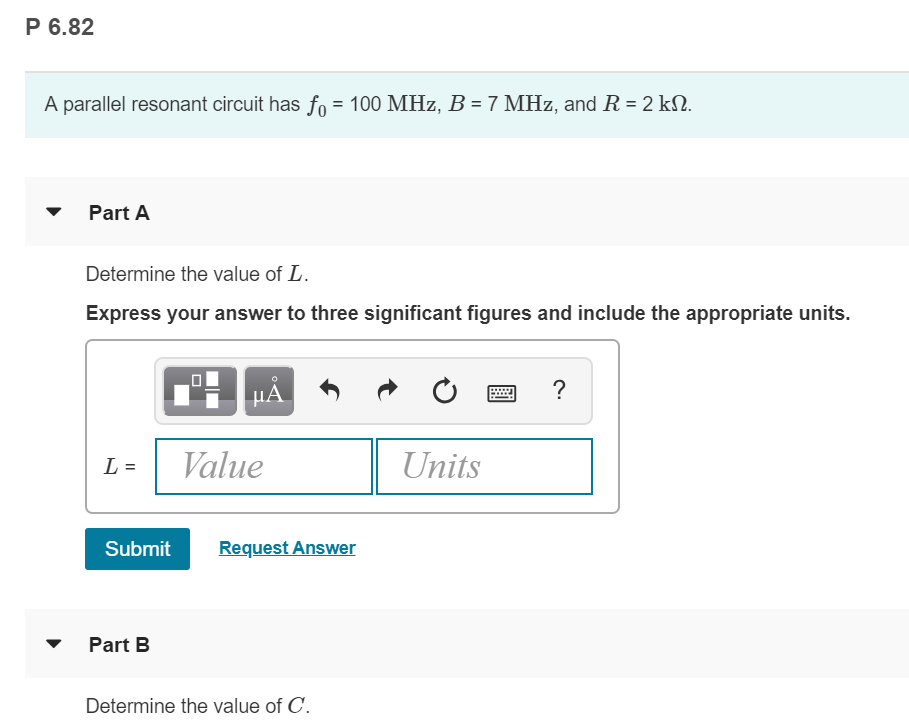 Solved P 6 82 A Parallel Resonant Circuit Has Fo 100 Mhz Chegg Com