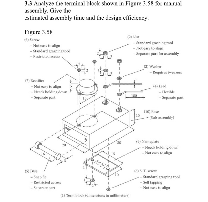 3.3 Analyze the terminal block shown in Figure 3.58 for manual assembly. Give the estimated assembly time and the design efficiency. Figure 3.58 (2) Nut (6) Screw Standard grasping tool Not easy to align Not easy to align Standard grasping tool Separate part for assembly Restricted access (3) Washer Requires tweezers (7) Rectifier Not easy to align 5 T t (4) Lead f Needs holding down Flexible 100 Separate part Separate part 15 (Sub-assembly) (9) Nameplate 30 20 Needs holding down K N 15 Not easy to align (8) S. T. screw (5) Fuse Standard grasping tool Snap fit Self tapping Restricted access Not easy to align Separate part (1) Term block (dimensions in millimeters)