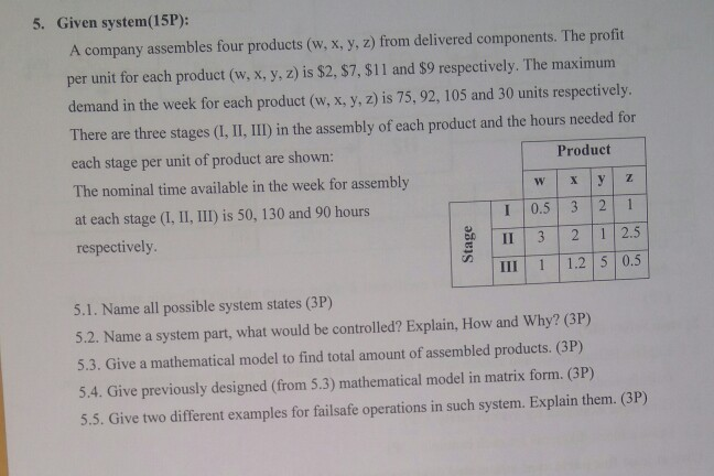 5. Given system(15P): A company assembles four products (w, x, y, z) from delivered components. The profit per unit for each product (w, x, y, z) is $2, $7, $11 and $9 respectively. The maximum demand in the week for each product (w, x, y, z) is 75, 92, 105 and 30 units respectively. There are three stages (I, II,III) in the assembly of each product and the hours needed for each stage per unit of product are shown: The nominal time available in the week for assembly at each stage (I, II, III) is 50, 130 

<div class=