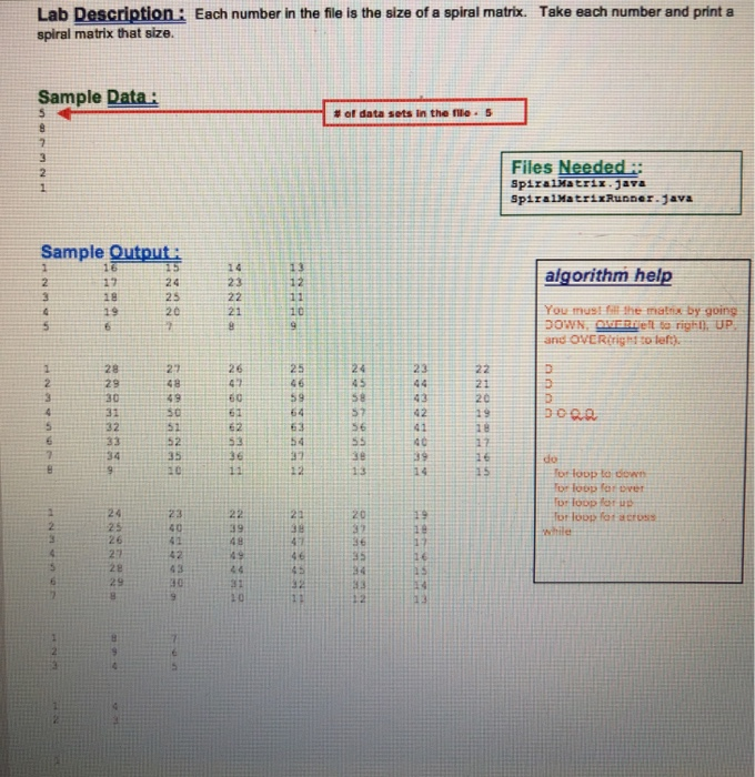 Lab Description Each number in the file is the size of a spiral matrix. Take each number and print a spiral matrix that size.