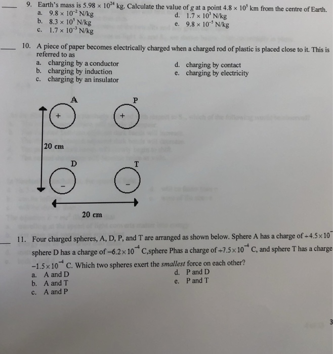 Solved 9 Earth S Mass Is 5 98 X 10 Kg Calculate The Va Chegg Com