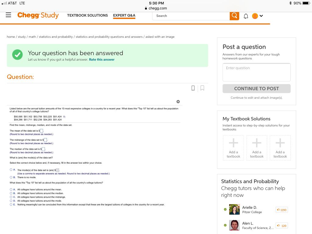 Solved AT&T LTE * 90% 5:30 PM 술 Chegg.com Chegg Study | Chegg.com