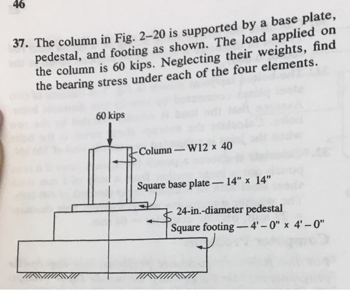 46 37. The column in Fig. 2-20 is supported by a base plate, pedestal, and footing as shown. The load applied on the column is 60 kips. Neglecting their weights, find the bearing stress under each of the four elements. 60 kips Column W12 x 40 Square base plate-14 x ?4 ( 24-in.-diameter pedestal Square footing-4-0 x 4-0