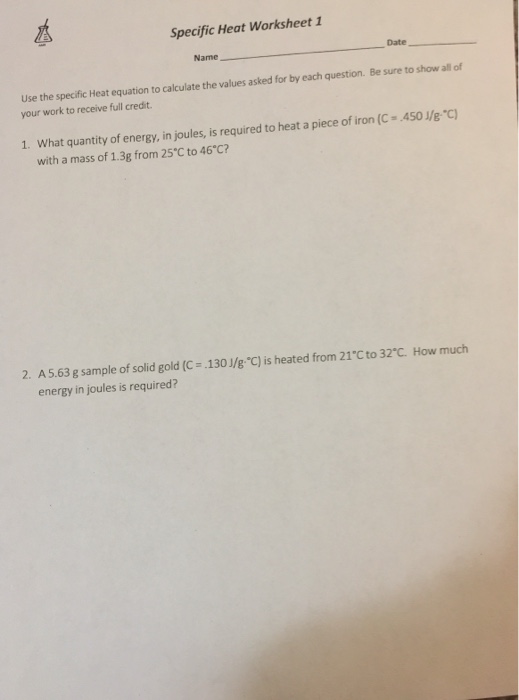 Solved Specific Heat Worksheet 1 Name Date Use The Specif Chegg Com