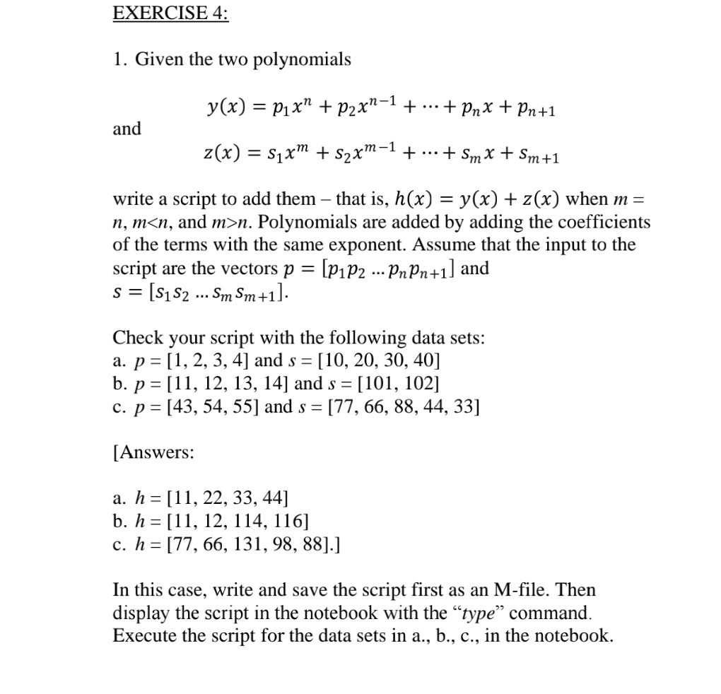 Solved Exercise 4 1 Given The Two Polvnomials Y X Pix Chegg Com