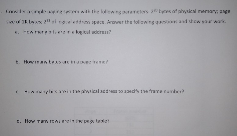 Consider a simple paging system with the following parameters: 220 bytes of physical memory; page size of 2K bytes; 232 of lo