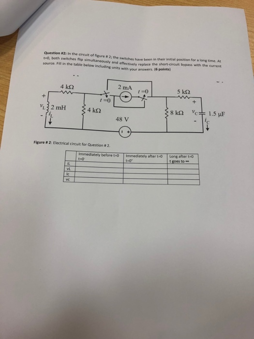 Question m2, in the circuit of figure # 2; the tO, both switches flip simultaneously and effectively replace the source. Fill in the table below including units with your answers switches have been in their initial position for a long time. At short-circuit bypass with the current (6 points) 2 mA 4 kS2 1-0 48 V Figure # 2: Electrical circuit for Question # 2. mmediately before t-0 Immediately after t 0 Long after t-o