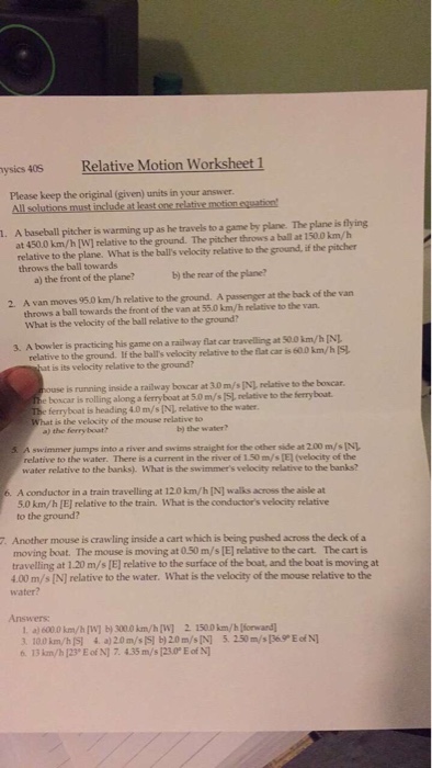 Tysics 405 Relative Motion Worksheet 1 Please Keep Chegg Com