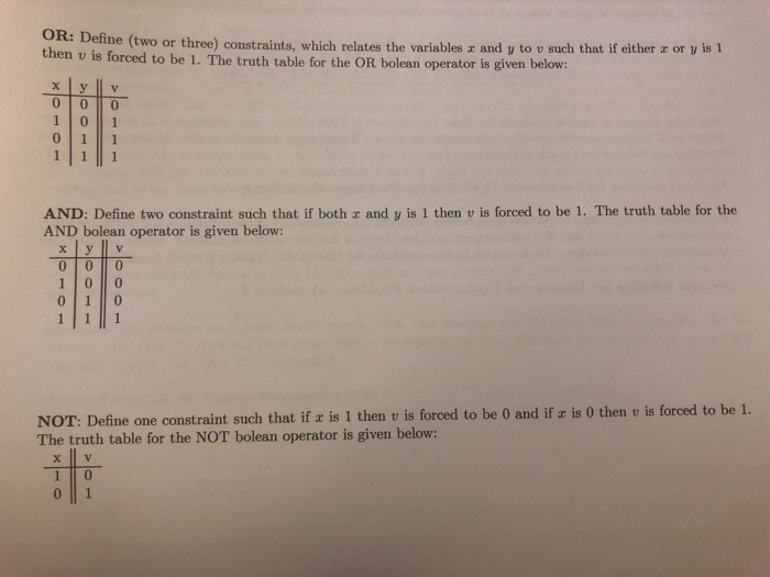 OR: Define (two or three) constraints, which relates tl then e variables z and y to v such that if either a or y is 1 u is forced to be 1. The truth table for the OR bolean operator is given below: AND: Define two constraint such that if both AND bolean operator is given below: and y is 1 then v is forced to be 1. The truth table for the NOT: Define one constraint such that if z is 1 then v is forced to be 0 and if z is 0 then v is forced to be 1. The truth table for the NOT bolean operator is given below: 計