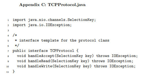 Appendix C: TCPProtocol.java import java.nio.channels.SelectionKey; 2 import java.io.IOException; 4 interface template for th