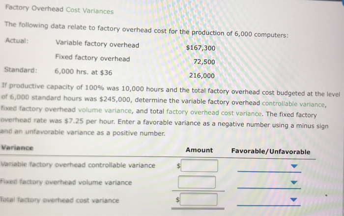 Factory Overhead Cost Variances The following data relate to factory overhead cost for the production of 6,000 computers: Act