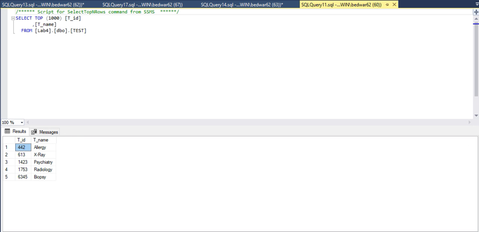 SQLQuery 17.sql ..WINAbedwar62 (67) SQLQuery13.sql ...WIN bedwar62 (62)) SQLQuery14.sql ...WIN bedwar62 (63)) SQLQuery! 1 s