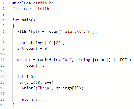 #include <stdio.h> 1 2 #include <stdlib.h> 4 int main() 6 FILE *fptr- fopen(file.txt, r) 9 int count - e; 8 char strings[1