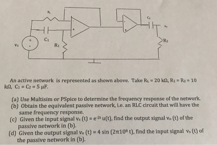 C2 C1 R2 Vs An active network is represented as shown above. Take RL 20 k2, R1-R2-10 (a) Use Multisim or PSpice to determine