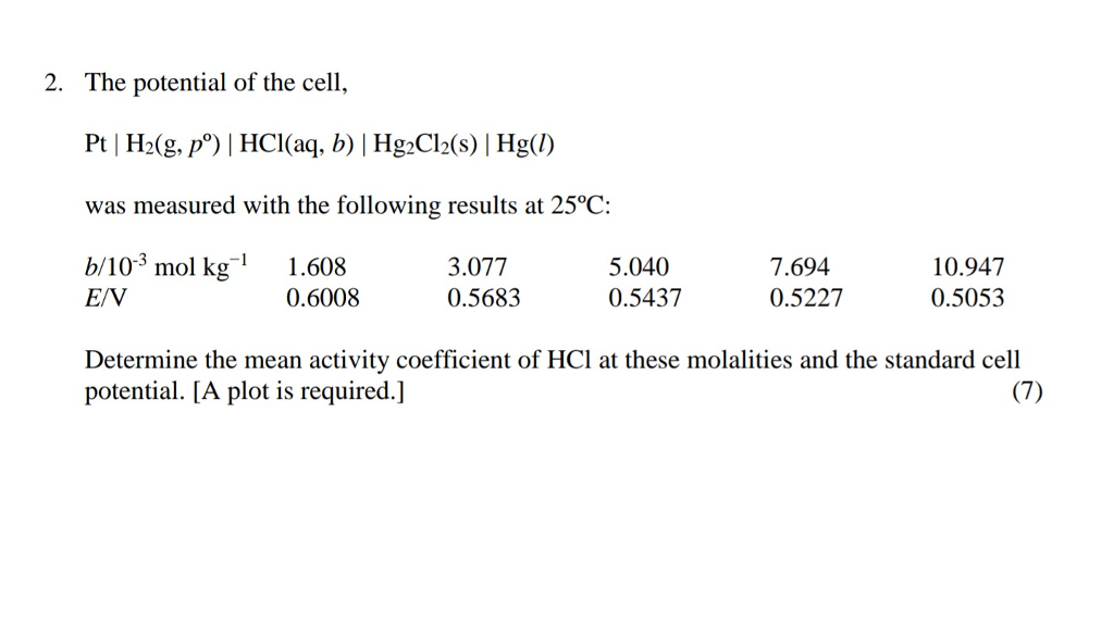 Solved 2 The Potential Of The Cell Pt H2 G P Hcl Chegg Com