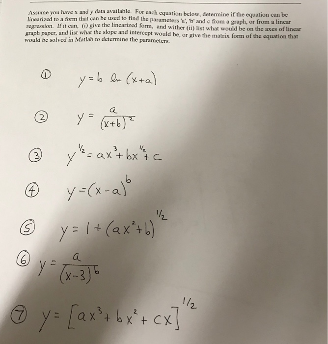 u have x and y data available. For each equation below, determine if the equation can be t can be used to find the parameters