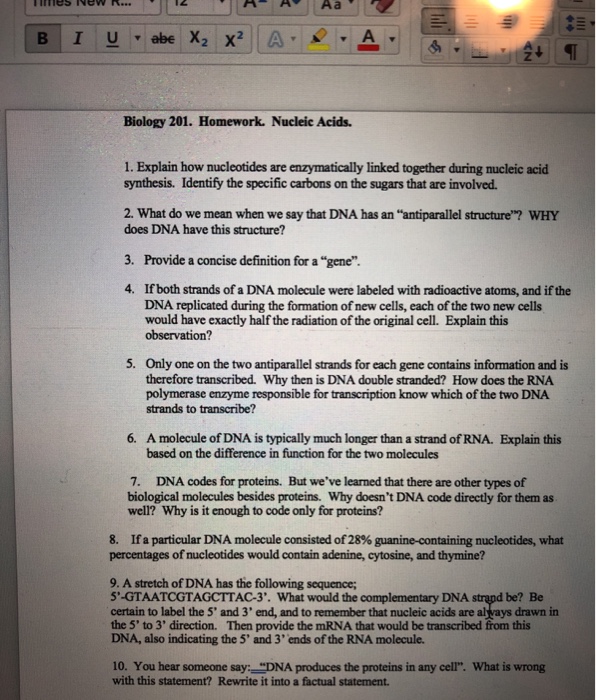 Solved Biology 201 Homework Nucleic Acids 1 Explain H