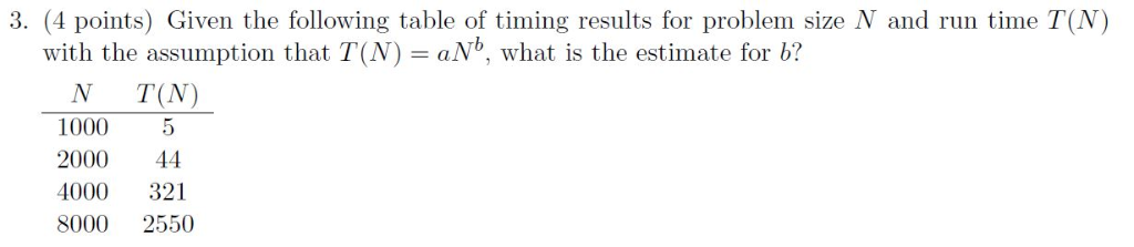 3. (4 points) Given the following table of timing results for problem size N and run time T(N) with the assumption that T(N)