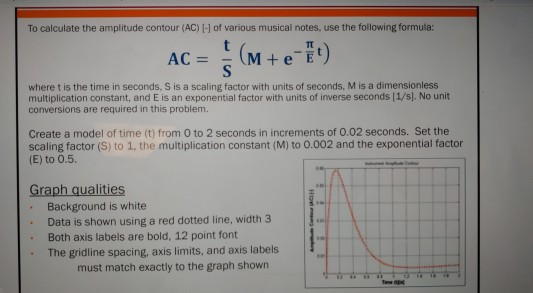 To calculate the amplitude contour (AC) 1-1 of various musical notes, use the following formula: ACM+ e E) where t is the time in seconds, S is a scaling factor with units of seconds, M is a dimensionless multiplication constant, and E is an exponential factor with units of inverse seconds [1/s). No unit conversions are required in this problem. Create a model of time (t) from 0 to 2 seconds in increments of 0.02 seconds. Set the scaling factor (S) to 1, the multiplication constant (M) 

<div class=