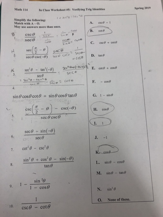 Solved Math 114 In Class Worksheet WS: Verifying Trig | Chegg.com