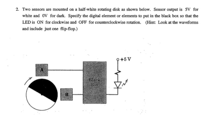 2. Two sensors are mounted on a half-white rotating disk as shown below. Sensor output is 5V for white and 0V for dark. Specify the digital element or elements to put in the black box so that the LED is ON for clockwise and OFF for counterclockwise rotation. (Hint: Look at the waveforms and include just one flip-flop.) Black Be