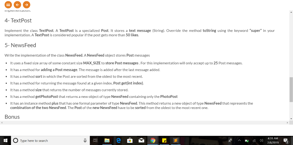 4- TextPost Implement the class TextPost. A TextPost is a specialized Post. It stores a text message (String). Override the m