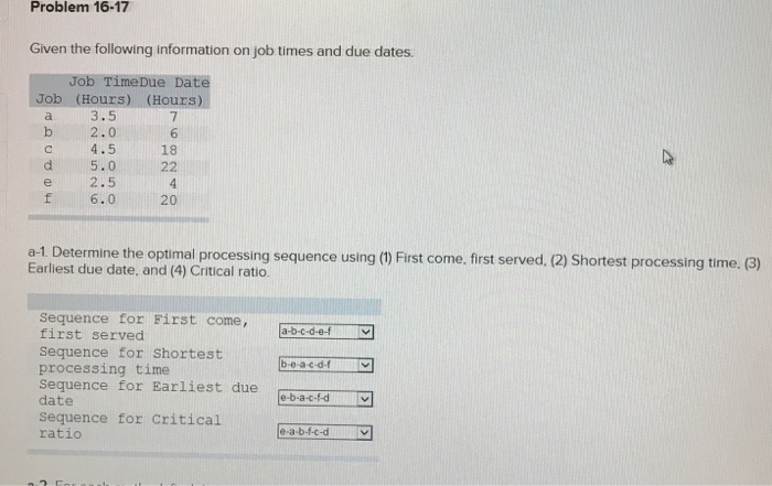 Problem 16-17 Given the following information on job times and due dates Job TimeDue Date Job (Hours) (Hours) 3.5 2.0 4.5 6 18 C d 5.0 22 e 2.5 f 6.0 20 a-1. Determine the optimal processing sequence using (1) First come, first served, (2) Shortest processing time. (3) Earliest due date, and (4) Critical ratio. sequence for First come, first served a-b-c-d-e-f sequence for shortest sd processing time Sequence for Earliest due date Sequence for Critical ratio segcence tor Earliest due b-a-c-f-d