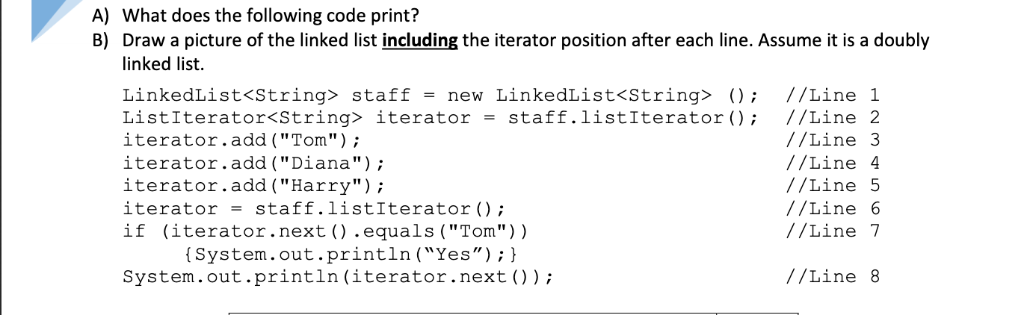A) What does the following code print? B) Draw a picture of the linked list including the iterator position after each line.