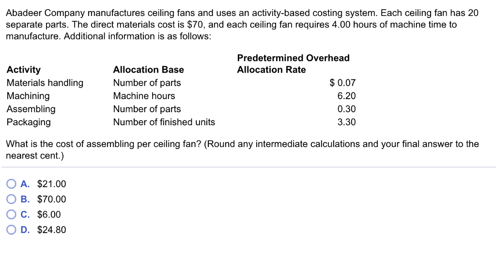 Solved Abadeer Company Manufactures Ceiling Fans And Uses