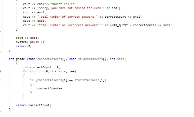cout くく endl; //student failed cout くく endl; coutくくTotal number of cout くく endl; coutくく Tota correct answers: くく correctCo