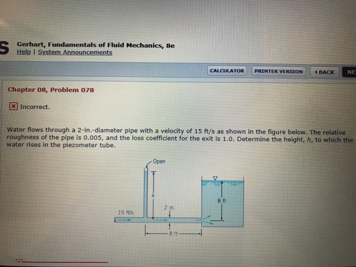 Gerhart, Fundamentals of Fluid Mechanics, 8e Help I S CALCULATOR H PRINTER VERSION BACK NE . Chapter o8, Problem 078 incorrect. Water flows through a 2-in.-diameter pipe with a velocity of 15 ft/s as shown in the figure below. The relative roughness of the pipe is 0.005, and the loss coefficient for the exit is 1.0. Determine the height, h, to which the water rises in the piezometer tube. Open in 15 tus
