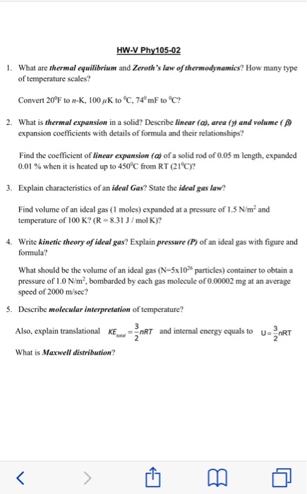 Solved Hw V Phy 105 02 I What Are Thermal Equilibrium An Chegg Com