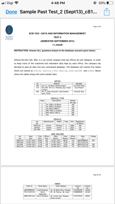 all Digi令 4:48 PM @ 30%.-D. < Done Sample Past Test 2 (Sept13)_c81... 凹 Page Iaf SCB 1033-DATA AND INFORMATION MANAGEMENT TES