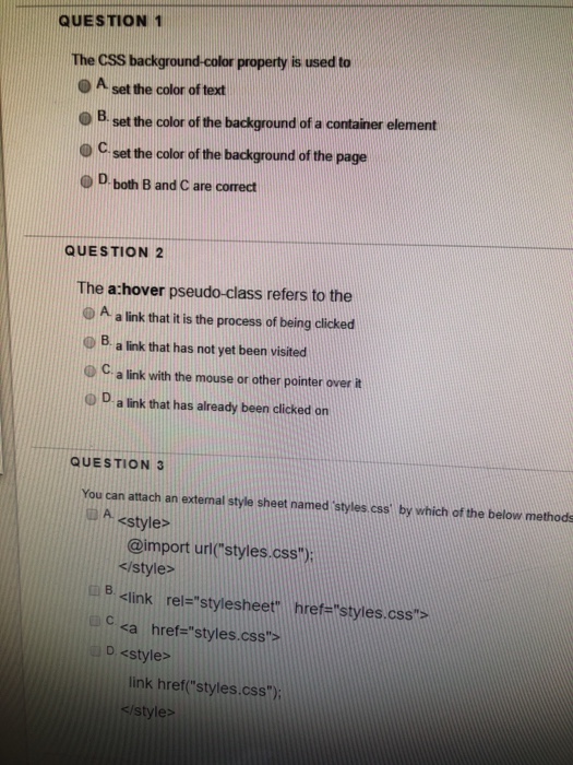 Solved QUESTION 1 The CSS background-color property is used 