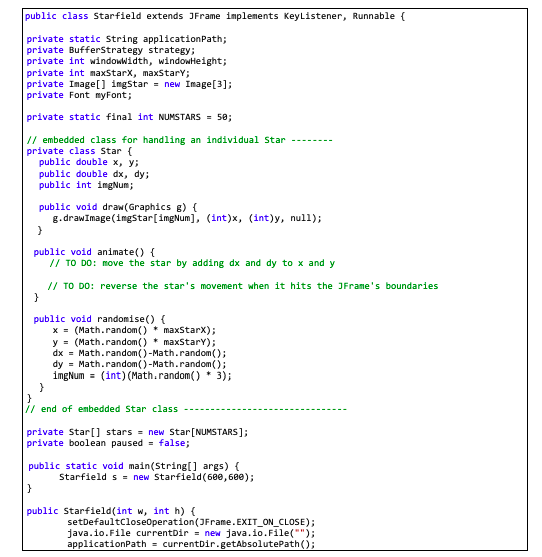 public class Starfield extends 3Frame implenents KeyListener, Runnable private static String applic private BufferStrategy st