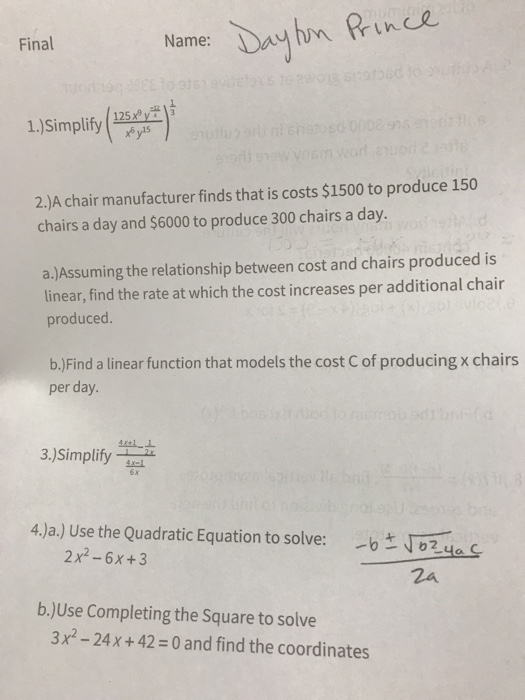 Solved Final Nameun 1 Simplify 2 A Chair Manufactur