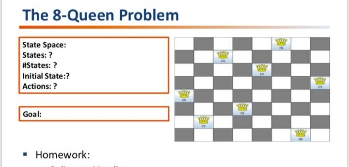 The 8-Queen Problem 世 State Space States:? #States: ? Initial State:? Actions: ? Goal: 曾 Homework: