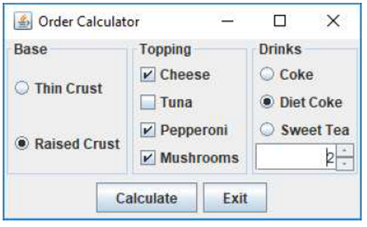 乡 Order Calculator Topping Drinks Base Cheese coke Tuna Peppern Sweet Tea O Thin Crust ⓔ Diet Coke O Raised Crust El Mushroom