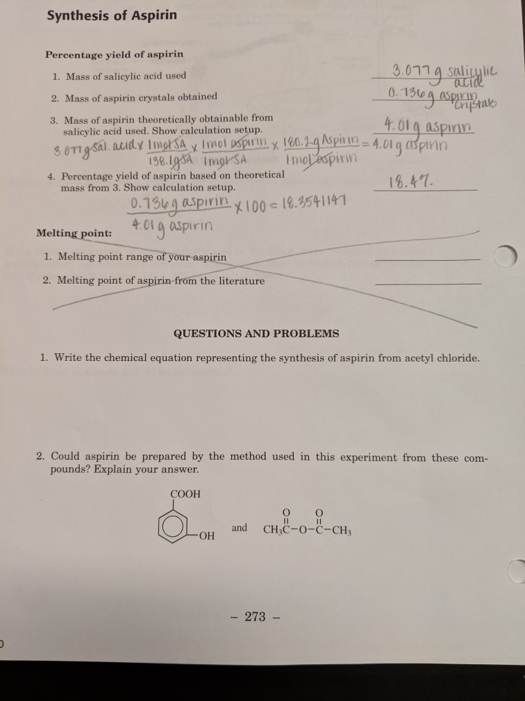 Solved Synthesis Of Aspirin Percentage Yield Of Aspirin 3 Chegg Com