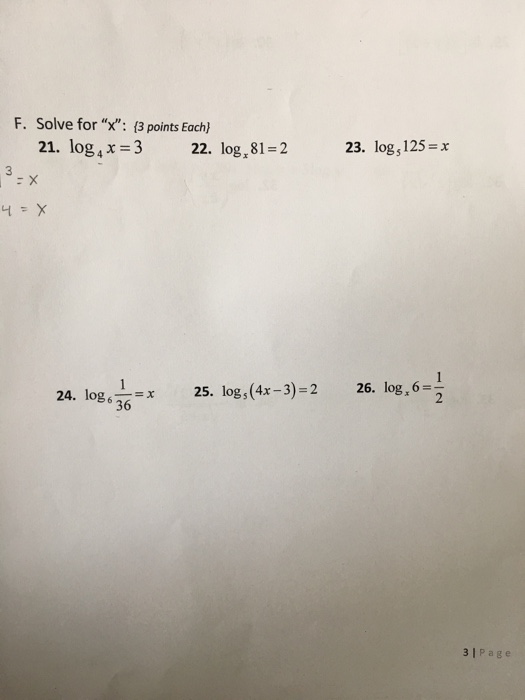 Solved Solve For X Log 4 X 3 Log X 81 2 Log 5 125 Chegg Com