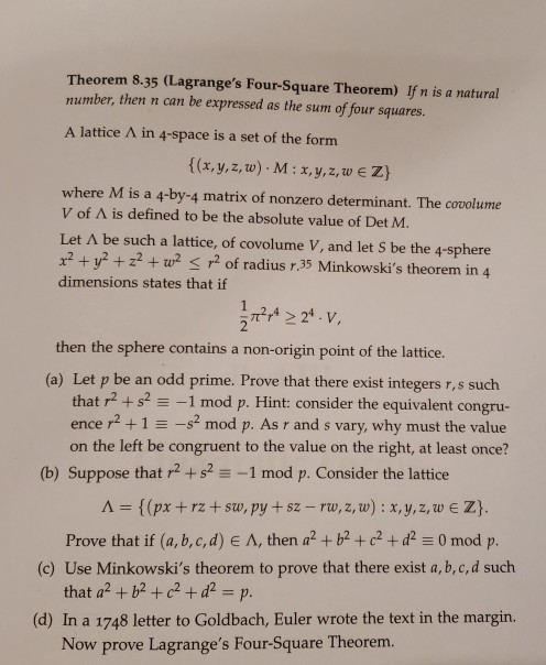 m 8.35 (Lagrange's Four-Square Theorem) If n is a
