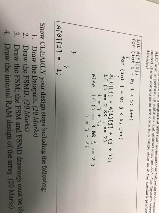 Lequential SPP that implements the following code segme ALU unit to perform all additions and subtractions; the ALU has function select nested if-else comparisons are done in a single state as in the standard practice Minutes) int A[S]5]; for (int i e; i 5; i++) for (int j ; j5; j++) ALi][j] = A[1][j] + (j if(i == 2 && j == 2) + i); else if (1-3 && j == 2 ) i=j-2; Show CLEARLY your design steps including the following: 1. Draw the Datapath. (20 Marks) 2. Draw the FSMD. (20 Marks) 3. Draw the FSM; the FSM and FSMD drawings must be ide 4. Draw the internal RAM design of the array. (20 Marks)