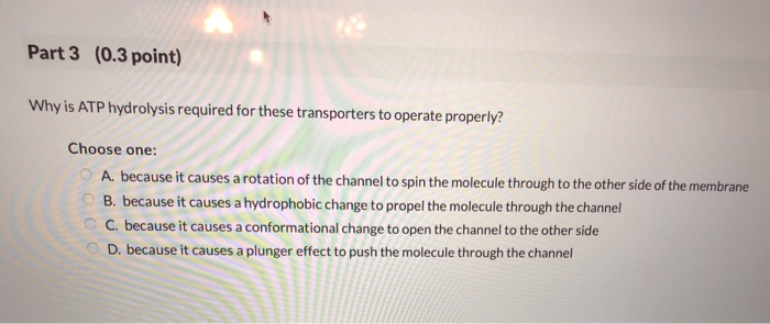 Part 3 (0.3 point) Why is ATP hydrolysis required for these transporters to operate properly? Choose one: A. because it causes a rotation of the channel to spin the molecule through to the other side of the membrane B. because it causes a hydrophobic change to propel the molecule through the channel C. because it causes a conformational change to open the channel to the other side D. because it causes a plunger effect to push the molecule through the channel