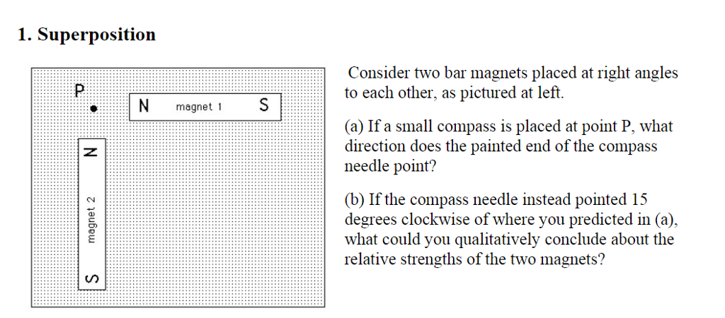 1. Superposition Consider two bar magnets placed at right angles to each other, as pictured at left. N magnet 1 (a) If a small compass is placed at point P, what direction does the painted end of the compass needle point? (b) If the compass needle instead pointed 15 degrees clockwise of where you predicted in (a) what could you qualitatively conclude about the relative strengths of the two magnets?