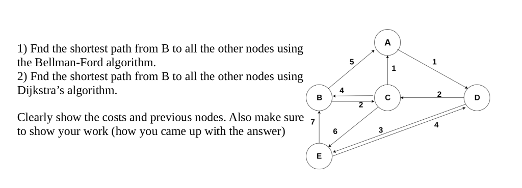 1) Fnd the shortest path from B to all the other nodes using the Bellman-Ford algorithm. 2) Fnd the shortest path from B to all the other nodes using Dijkstras algorithm. 4 2 Clearly show the costs and previous nodes. Also make sure 7 to show your work (how you came up with the answer) 4 6 3